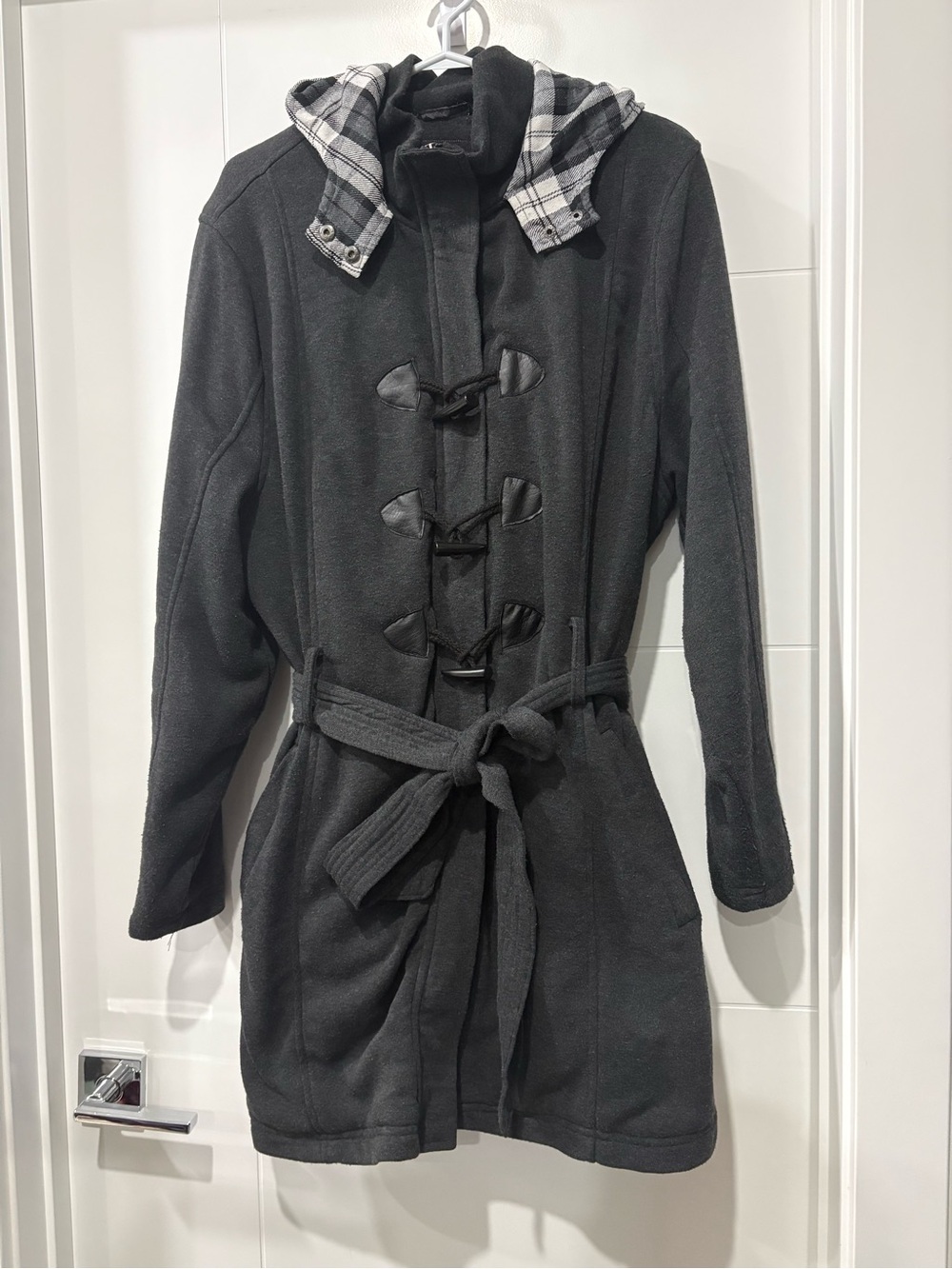 Yoki Dark Gray Toggle Trench Coat with Plaid Hood
